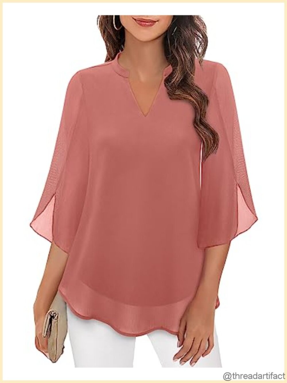 Women's Ruffle 3/4 Bell Sleeve V Neck Double Layer Chiffon Blouse